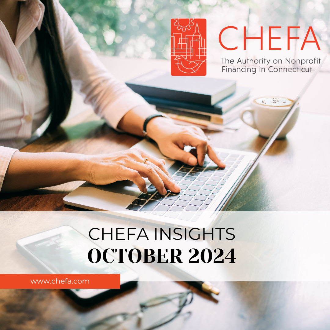 Woman typing on a laptop at a desk surrounding by books, coffee, phone, and glasses. Text overlay with CHEFA INSIGHTS October 2024 and the CHEFA logo.