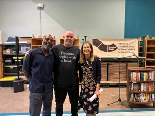 Pictured (left to right): Freedom Reads CEO Dwayne Betts, Freedom Reads Library Production Manager Kevin Baker, Lieutenant Governor Susan Bysiewicz