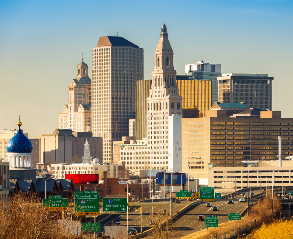 A colorful, afternoon view of the Hartford, Connecticut skyline